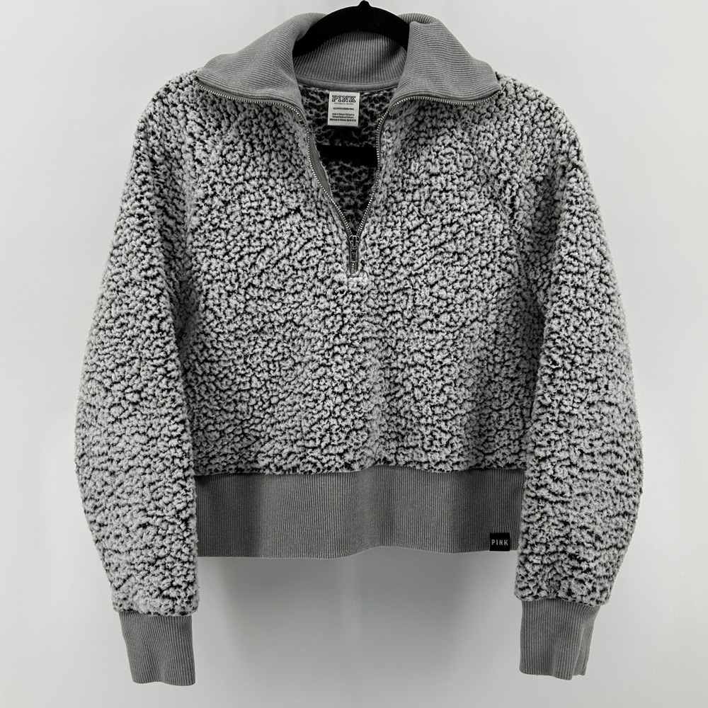 PINK Victoria's Secret Gray Sherpa 1/4 Zip Pullover Sweatshirt XS Cropped Lounge